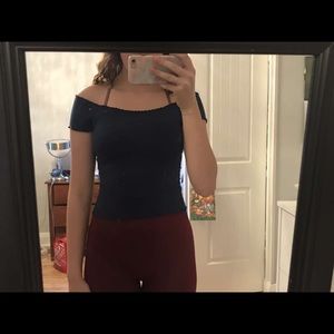 navy off the shoulder ruffled edge tee